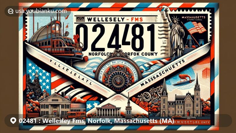 Modern illustration of Wellesley Fms, Norfolk County, Massachusetts, featuring airmail envelope with ZIP code 02481, showcasing state flag and local landmarks.