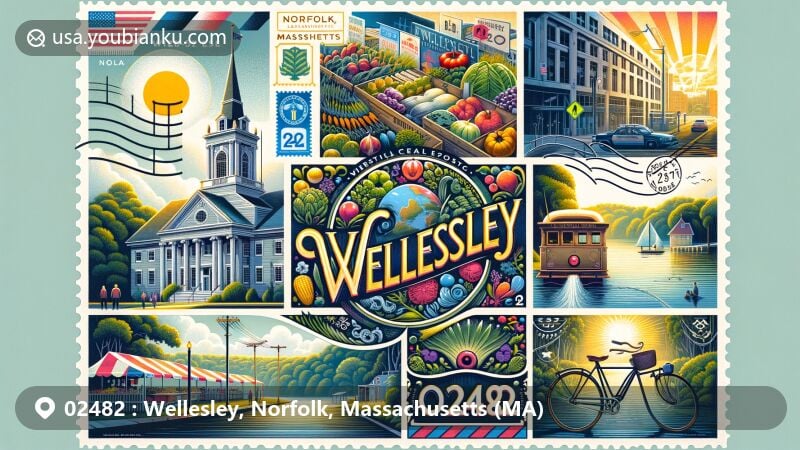 Modern illustration of Wellesley, Norfolk, Massachusetts, depicting town hall, farmers' market, Charles River Bike Path, and postal heritage with ZIP code 02482 and Massachusetts state flag stamp.