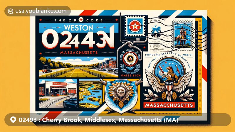 Modern illustration of Weston, Massachusetts, showcasing open spaces, hiking trails, state flag with unique coat of arms, and postal elements like ZIP Code 02493 stamp and cancellation mark.