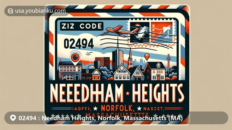 Modern illustration of Needham Heights, Norfolk County, Massachusetts, showcasing postal theme with ZIP code 02494, featuring state flag and creative postal design.