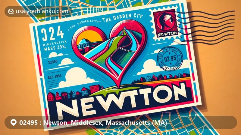 Modern illustration of Newton, Middlesex County, Massachusetts, showcasing iconic Heartbreak Hill symbolizing Boston Marathon and 'The Garden City' nickname, featuring simplified map outline and bold ZIP code 02495.