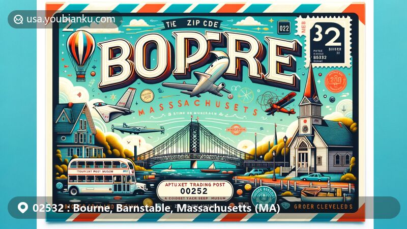 Modern illustration of Bourne, Massachusetts, with ZIP code 02532, showcasing iconic landmarks like Bourne Bridge and Aptucxet Trading Post Museum, along with Gray Gables estate. Includes postal elements such as airmail envelope layout and stamp.
