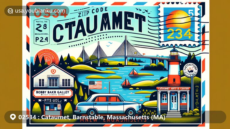 Modern illustration of Cataumet, Massachusetts, highlighting iconic landmarks like Bobby Baker Gallery, Cataumet Arts Center, and Cataumet Light Mini Golf, set against a backdrop of New England charm, featuring postal stamp and ZIP code 02534.