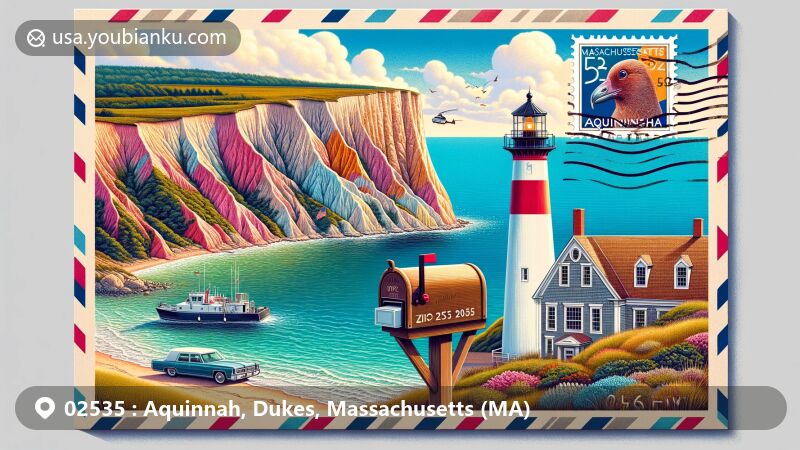 Modern illustration of Aquinnah, Dukes County, Massachusetts, featuring Gay Head Cliffs, Aquinnah Lighthouse, Massachusetts state flag, Atlantic Ocean, traditional mailbox, and postal van.