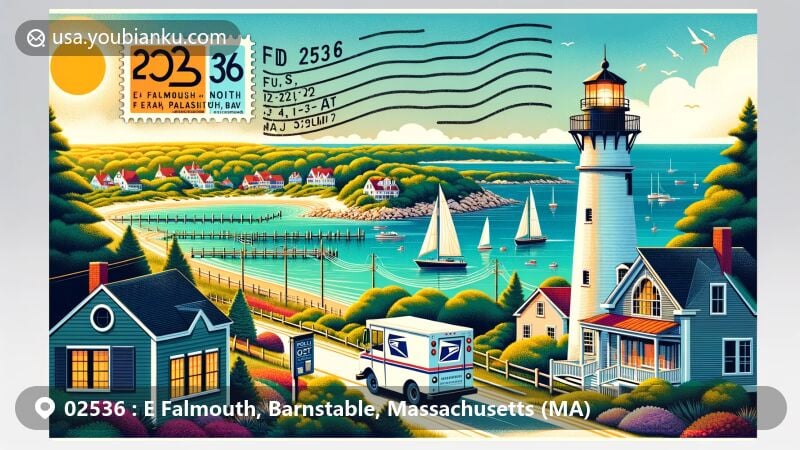 Modern postcard-style illustration of E Falmouth, Massachusetts, showcasing Vineyard Sound, Waquoit Bay, and Nobska Point Lighthouse, with postal elements including postmark, stamp with ZIP code 02536, and postal truck.
