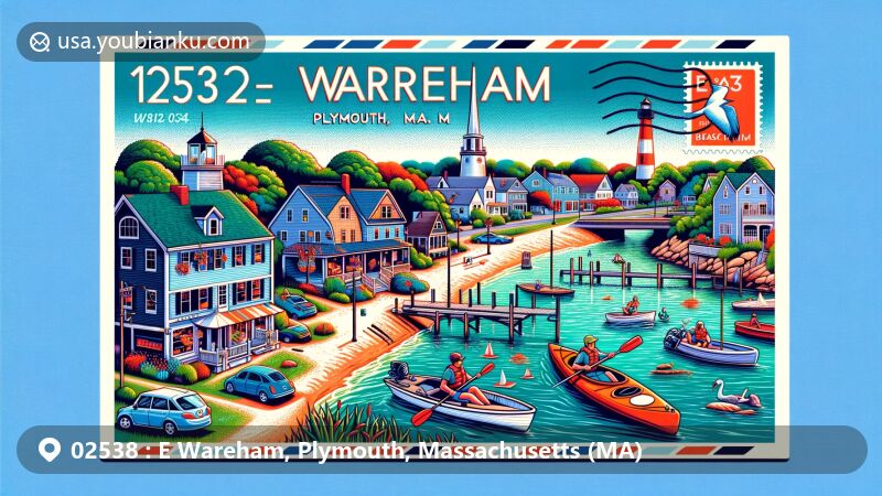 Modern illustration of E Wareham, Plymouth, Massachusetts, showcasing postal theme with ZIP code 02538, featuring Onset Beach, Wareham Village, and Wareham River.