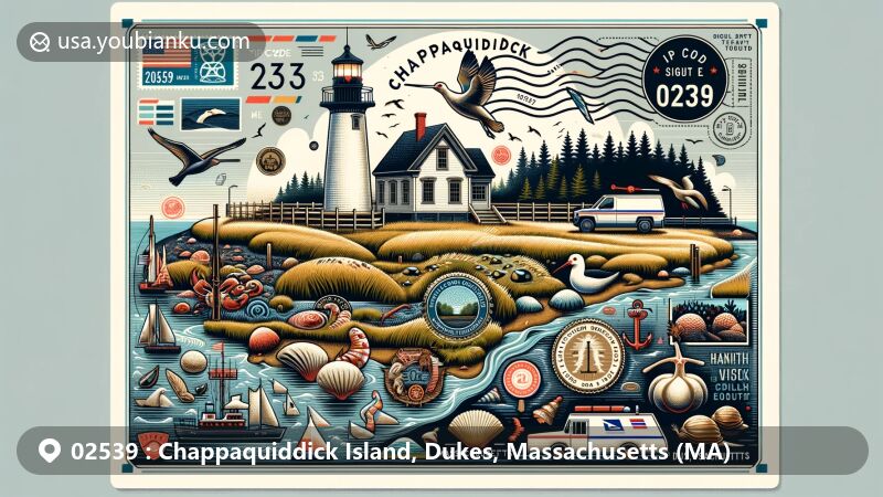 Modern illustration of Chappaquiddick Island, Dukes, Massachusetts (MA), showcasing diverse ecologies, iconic Cape Poge Lighthouse, coastal wildlife, and elements of Chappaquiddick Wampanoag Tribe, merged with postal theme featuring ZIP code 02539.