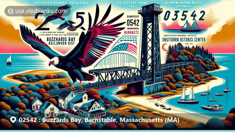 Modern digital illustration of Buzzards Bay, Barnstable, Massachusetts, highlighting Cape Cod Canal Railroad Bridge and local cultural symbols, including turkey vultures, Onset Beach, Shaw Farm Trail, and Jonathan Bourne Historical Center.