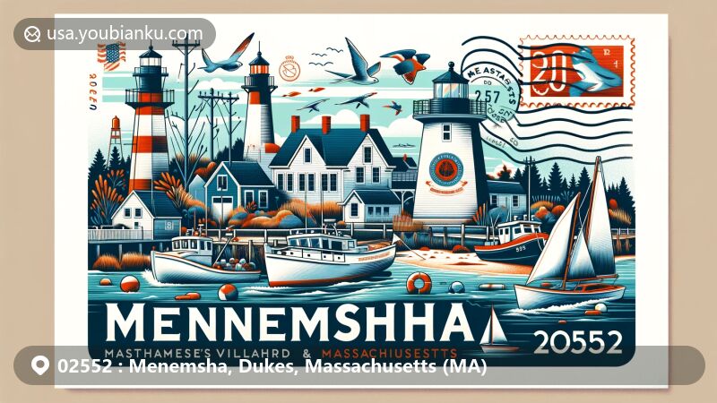 Modern illustration of Menemsha fishing village, Martha's Vineyard, showcasing postal theme with ZIP code 02552, featuring Dukes County landmarks and Massachusetts state symbols.