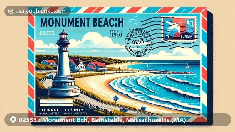 Modern illustration of Monument Beach, Bourne, Massachusetts, showcasing postal theme with ZIP code 02553, featuring wide sandy shores and seascape, incorporating Barnstable County map outline, stamp, postmark, and classic American mailbox.