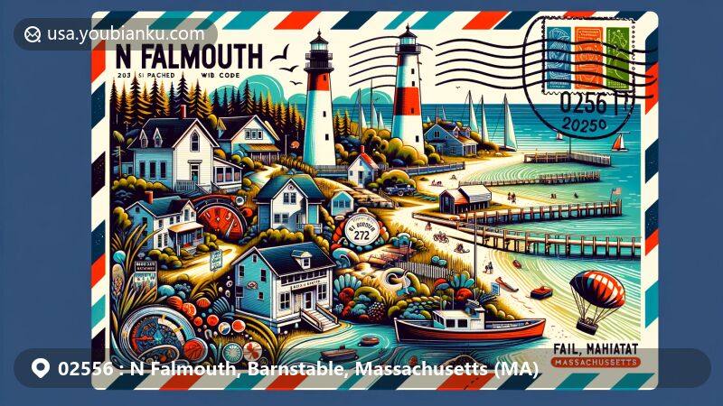 Vibrant depiction of N Falmouth, Massachusetts, showcasing Shining Sea Bikeway, Nobska Lighthouse, Beebe Woods, Old Stone Dock, Megansett, and Old Silver, with U.S. postal elements like stamps and postmark.