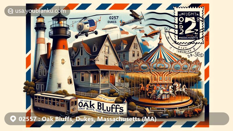 Modern illustration of Oak Bluffs, Dukes County, Massachusetts, capturing vintage airmail envelope theme with East Chop Lighthouse, Flying Horses Carousel, and Gingerbread Cottages, featuring postal elements and ZIP code 02557.