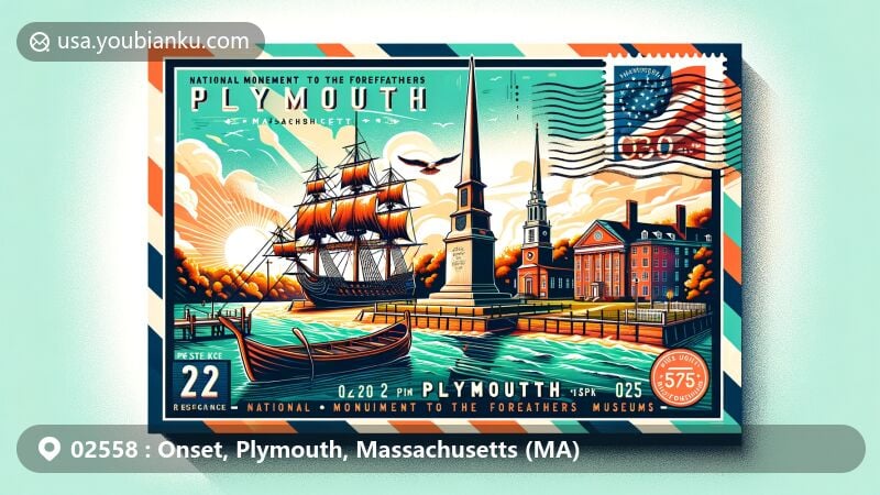 Modern illustration of Onset and Plymouth, Massachusetts, showcasing historical landmarks like the National Monument to the Forefathers and Plimoth Patuxet Museums, integrating postal elements with vintage postage stamp featuring Mayflower, postmark, and ZIP Code 02558.