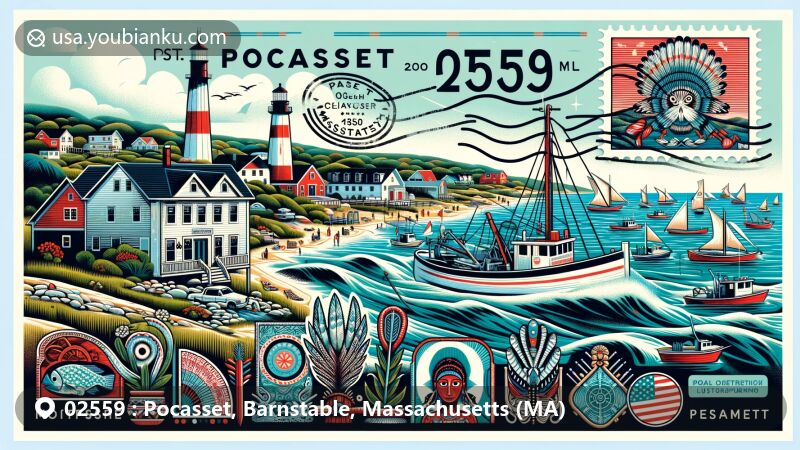 Modern illustration of Pocasset, Massachusetts, showcasing coastal view with fishing boats and maritime elements, incorporating Wampanoag cultural symbols and highlighting ZIP code 02559.