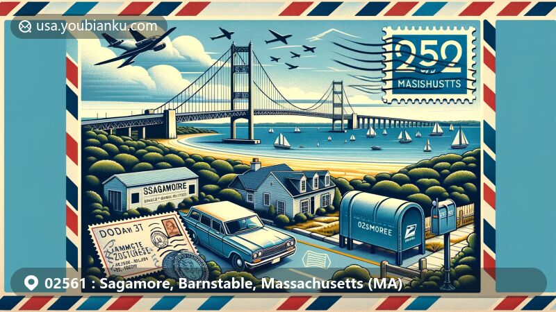 Modern illustration of Sagamore, Barnstable, Massachusetts, showcasing postal theme with ZIP code 02561, featuring Sagamore Bridge and coastal scenery near Cape Cod Bay.