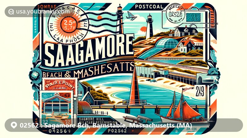 Modern illustration of Sagamore Beach, Massachusetts, featuring Cape Cod Canal, Sagamore Hill Military Reservation, and Pairpoint Glass Works, blending landmarks with postal elements like vintage airmail envelope borders, stamps, and postmarks. Includes prominent '02562' postal code integration. Vivid and colorful design suitable for web use, with clear and correct spelling of all place names and abbreviations.
