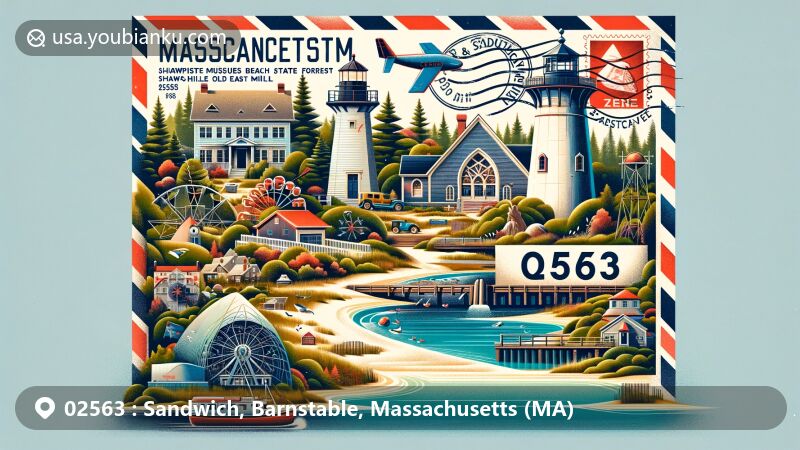 Modern illustration of Sandwich, Barnstable, Massachusetts, showcasing postal theme with ZIP code 02563, featuring Cape Cod Canal, Scusset Beach, Shawme-Crowell State Forest, Heritage Museums & Gardens, Sandwich Boardwalk, Wing Fort House, and Sandwich Glass Museum.