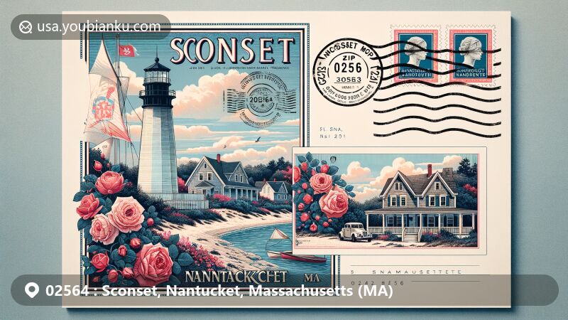Modern illustration of Sconset, Nantucket, Massachusetts, combining iconic Sankaty Head Lighthouse with rose-covered cottages, air mail envelope design featuring the ZIP code 02564, and Massachusetts state symbols.