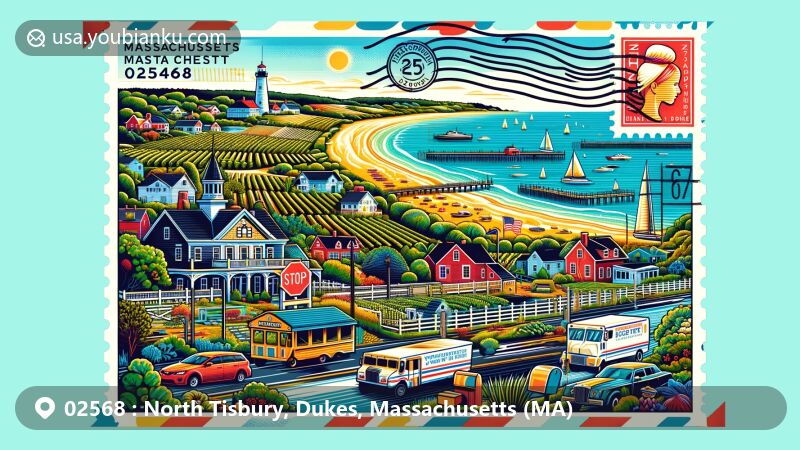 Modern illustration of Martha's Vineyard, showcasing the scenic beauty of the coastline, beaches, and vineyards, featuring Tisbury's Vineyard Haven harbor area and elements representing Massachusetts.