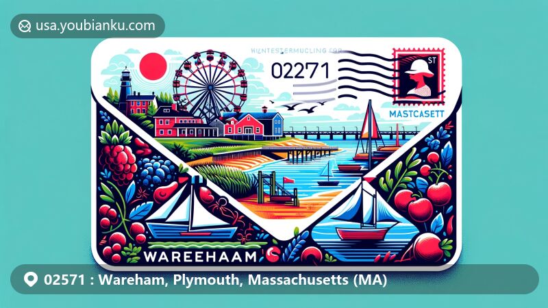 Modern illustration of Wareham, Plymouth County, Massachusetts, showcasing postal theme with ZIP code 02571, featuring Onset Beach, Wareham River, cranberry industry, and maritime heritage elements.