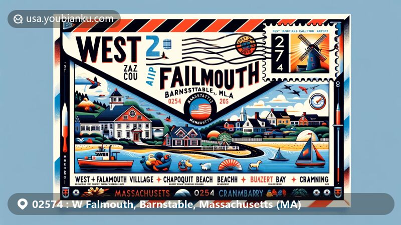 Modern illustration of West Falmouth and Falmouth, Barnstable, Massachusetts, showcasing iconic landmarks and cultural elements, including West Falmouth Village Historic District, Chapoquoit Beach, and Massachusetts state symbols.