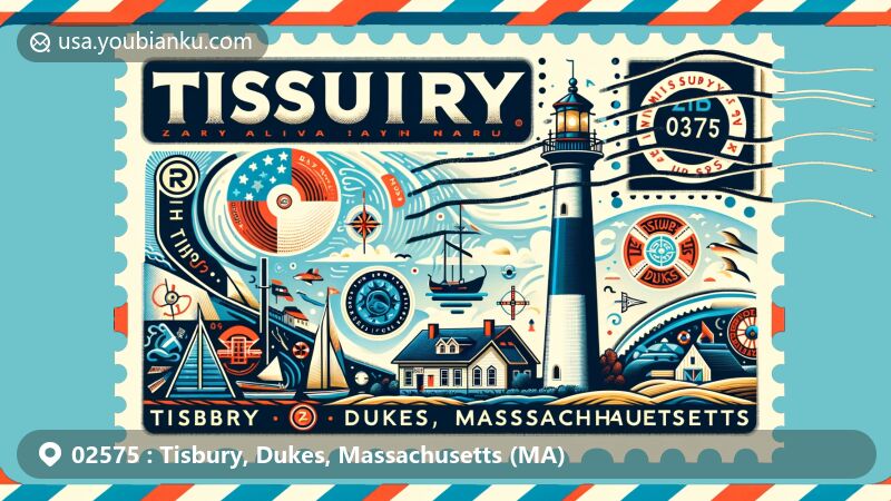 Modern illustration of Tisbury, Dukes, Massachusetts, capturing postal theme with ZIP code 02575, featuring West Chop Lighthouse and maritime symbols, set against backdrop of Martha's Vineyard Island.