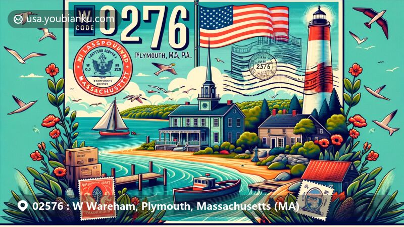 Modern illustration of W Wareham, Plymouth, Massachusetts, highlighting natural beauty, New England scenery, and iconic Massachusetts symbols, with vintage postal elements showcasing ZIP code 02576.