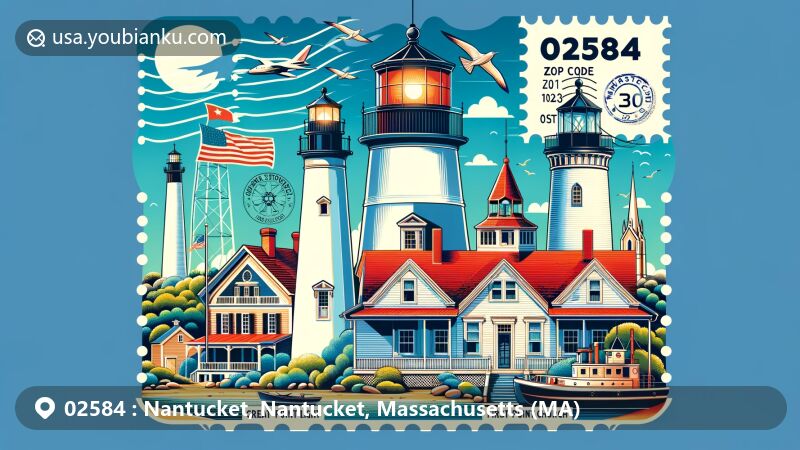 Vibrant illustration of Nantucket, Massachusetts, highlighting Great Point Light, Sankaty Head Lighthouse, Brant Point Lighthouse, First Congregational Church, and historic buildings like Hadwen House and Old Mill, with postal elements including postmark and ZIP code 02584.