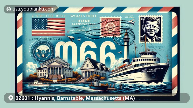 Vintage-style illustration of Hyannis, Barnstable, Massachusetts, featuring a airmail envelope with JFK Memorial postage stamp, Steamship Authority ferry, and Cape Cod Maritime Museum, all symbolizing the area's history and maritime heritage.