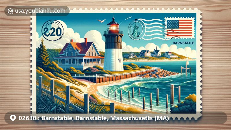 Modern illustration of Sandy Neck Lighthouse in Barnstable, Massachusetts, featuring maritime heritage and historic ties to the Kennedy family, including U.S. postage stamp and '02630' postal code.