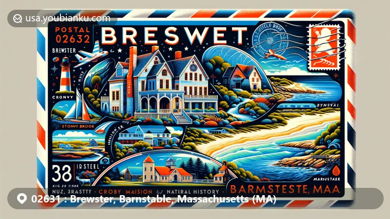 Vibrant illustration of Brewster, Barnstable, Massachusetts, showcasing iconic landmarks like Crosby Mansion, Cape Cod Museum of Natural History, and Stony Brook Grist Mill, along with scenes from Nickerson State Park and Breakwater Beach.