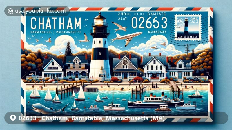 Modern illustration of Chatham, Barnstable County, Massachusetts, showcasing Chatham Lighthouse against the backdrop of the Atlantic Ocean, Monomoy National Wildlife Refuge, local cultural landmarks like the Chatham Shark Center and Railroad Museum, Main Street scene with shops and restaurants, and postal elements including ZIP code 02633.