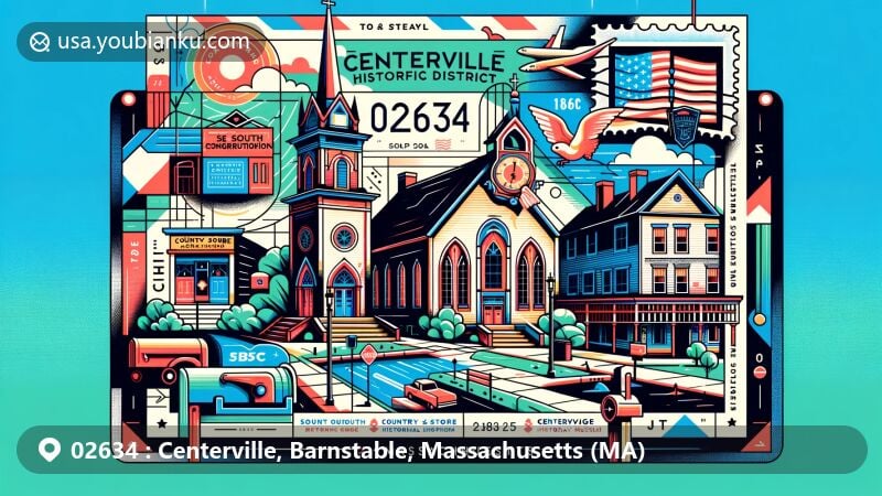 Modern illustration of Centerville Historic District, Massachusetts, showcasing South Congregational Church, 1856 Country Store, Centerville Historical Museum, and postal theme with ZIP code 02634.