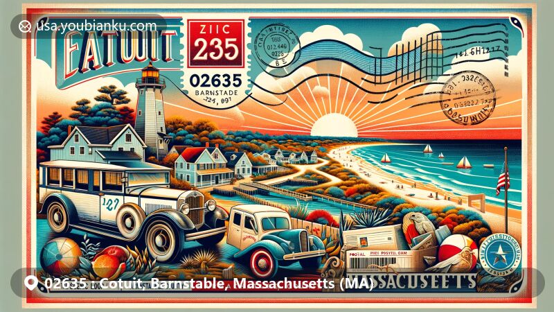 Modern illustration of Loop's Beach at sunrise in Cotuit, Barnstable, Massachusetts, with postal elements like vintage postage stamp and postmark '02635', showcasing county's peninsula shape and state flag.