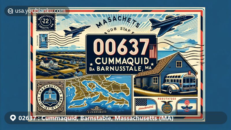 Modern illustration of a vintage airmail envelope representing ZIP code 02637 for Cummaquid, Barnstable, Massachusetts, featuring local landmarks and elements of Massachusetts state flag.