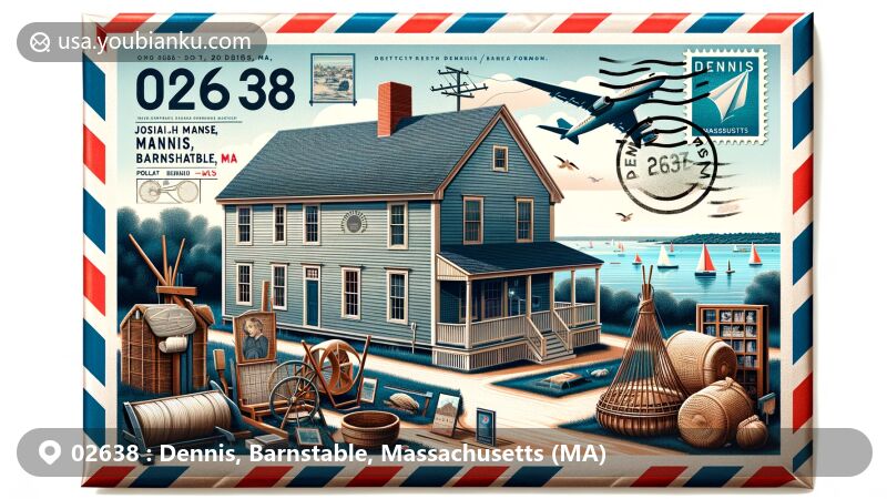 Modern illustration of Josiah Dennis Manse Museum in Dennis, Barnstable, Massachusetts, capturing heritage with maritime artifacts and weaving exhibit, set against picturesque Cape Cod backdrop.