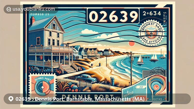 Modern postcard-style illustration of Dennis Port, Barnstable County, Massachusetts, featuring Sea Street Beach and Cape Cod architecture, along with hand-blown glass from Fritz Glass, set against the beautiful coastal backdrop of Cape Cod. Includes vintage postal elements like a stamp with '02639' and 'Dennis Port, MA.' Colorful and modern design ideal for website use.