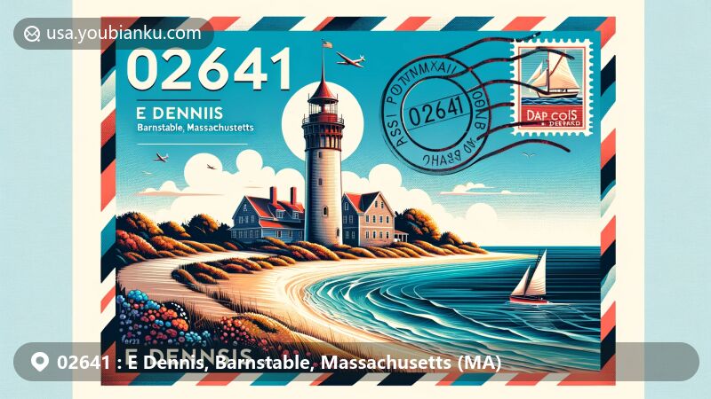 Modern illustration of E Dennis, Barnstable, Massachusetts, featuring Scargo Tower and Cape Cod Bay, designed in the style of an airmail envelope with stamps, postmarks, and ZIP Code 02641. The vibrant artwork combines the iconic Scargo Tower with the tranquil coastal scenery of Cape Cod Bay.