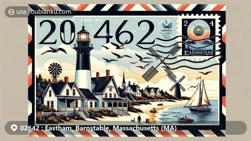 Modern illustration of Eastham, Barnstable County, Massachusetts, capturing town's essence with Nauset Lighthouse, Eastham Windmill, Three Sisters Lighthouses, and First Encounter Beach in a postal-themed design with ZIP code 02642.