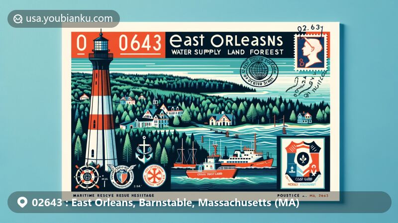 Modern illustration of East Orleans, Barnstable, Massachusetts, showcasing postal theme with ZIP code 02643, featuring Orleans Water Supply Land and Old King’s Highway Historic District.