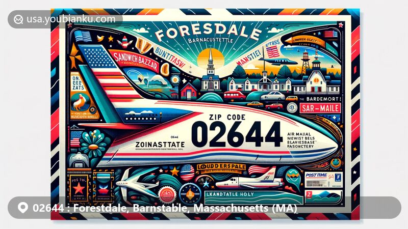 Modern illustration of Forestdale, Barnstable, Massachusetts, featuring a creative air mail envelope with ZIP code 02644, showcasing local landmarks like Sandwich Bazaar Flea Market and McDermott Glass Studio, as well as Massachusetts and Barnstable County symbols.