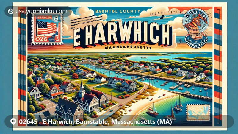 Modern illustration of E Harwich, Barnstable County, Massachusetts, portraying coastal charm and natural beauty, featuring Cape Cod architecture, beautiful beaches, lush greenery, and postal elements like vintage stamps and ZIP code 02645.
