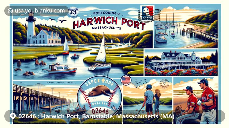 Modern illustration of Harwich Port, Massachusetts, featuring Bell’s Neck Conservation Lands, seal observation in Nantucket Sound, Cape Cod Baseball League game, Cape Cod Rail Trail scenery, and cranberry bog tours, with postal theme including stamp, postmark and ZIP Code '02646'.
