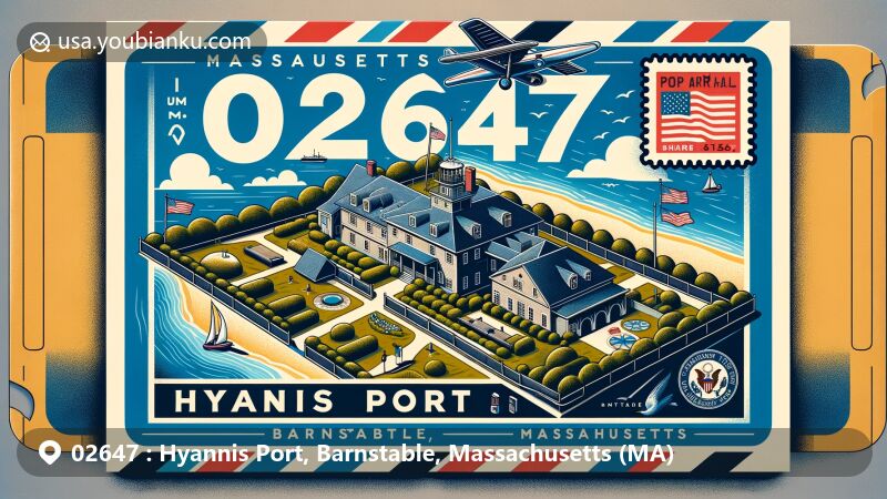 Modern illustration of Hyannis Port, Barnstable, Massachusetts, showcasing Kennedy Compound and Cape Cod coastal elements, featuring vintage air mail envelope style with Massachusetts state flag and ZIP code 02647.