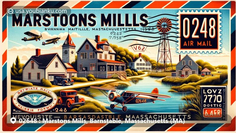 Modern illustration of Marstons Mills, Barnstable, Massachusetts, capturing historic village scenery with William Marston House, Mill Pond, and Burgess Park, alongside Cape Cod Airfield, reflecting the area's milling and farming heritage, set in an air mail envelope design with vintage postal elements and ZIP code 02648.