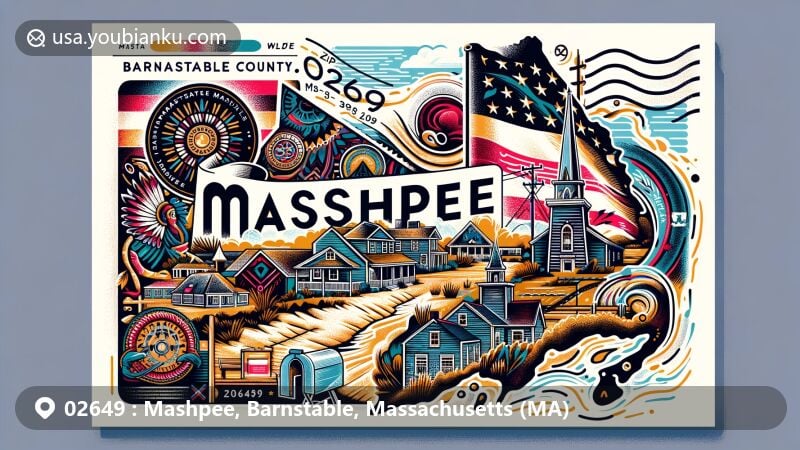 现代风格插图，展示马萨诸塞州巴恩斯特布尔县马什皮邮政编码02649的独特元素，包括科德角和瓦姆潘诺阿格部落文化。前景有复古风格邮戳、邮票和邮筒。色彩丰富，专注美丽和文化遗产。