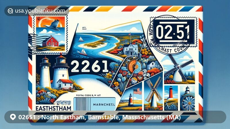 Modern illustration of North Eastham, Barnstable, Massachusetts, in a postal theme with ZIP code 02651, featuring Nauset Lighthouse, Eastham Windmill, and Old Coast Guard Station.