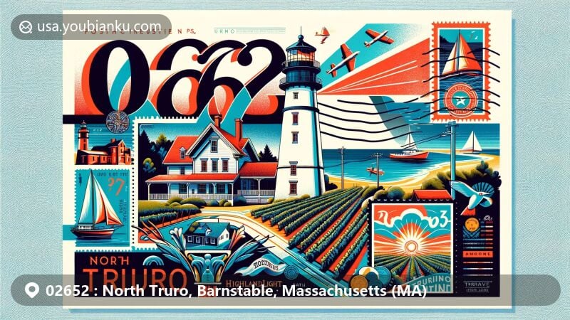 Modern illustration of North Truro, Massachusetts, highlighting postal theme with ZIP code 02652, featuring Highland Light, Highland House Museum, and Truro Vineyards.