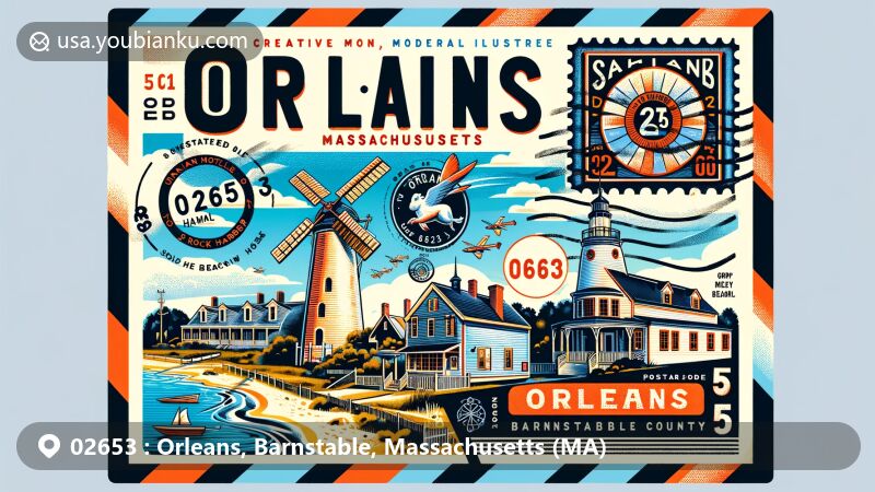 Modern illustration of Orleans, Barnstable, Massachusetts, showcasing postal theme with ZIP code 02653, featuring Jonathan Young Windmill, Rock Harbor, Skaket Beach, and Orleans Inn.
