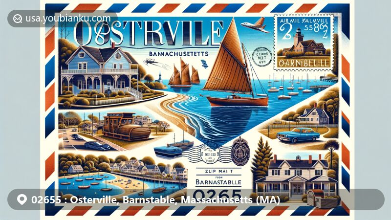Modern illustration of Osterville, Barnstable, Massachusetts, portraying iconic landmarks and cultural elements such as Crosby Yacht Yard, Armstrong-Kelley Park, and Osterville Historical Society Museum, with a scenic beach scene and postal theme including ZIP code 02655 and traditional postal elements.